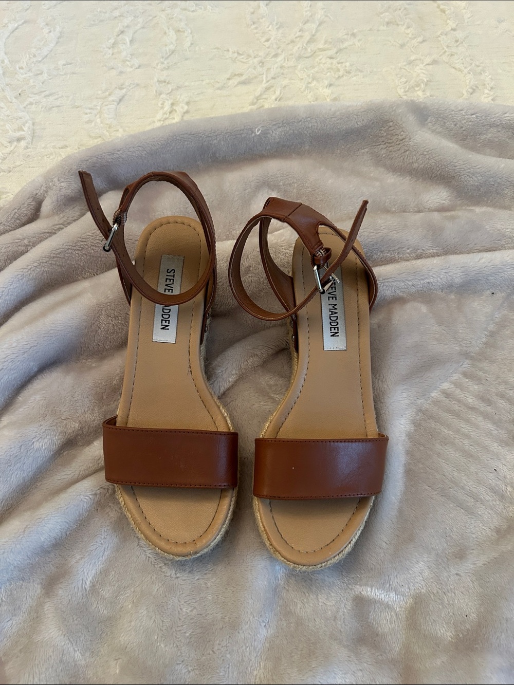 Steve Madden Tan Brown Leather Ankle-Strap Sandals